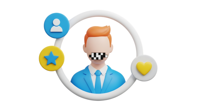 3d self care rituals icons man in suit with mouth covered by censor bar isolated on transparent background