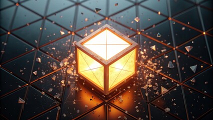 Fototapeta premium Digital Transformation Strategy A glowing cube surrounded by shards on a reflective geometric surface.
