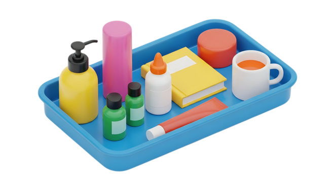 3d self care rituals icons various personal care and office supplies in a blue tray isolated on white isolated on transparent background
