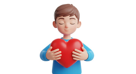 3d self care rituals icons 3d cartoon boy holding a red heart isolated on transparent background