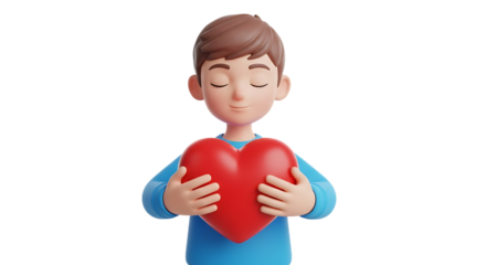 3d self care rituals icons 3d cartoon boy holding a red heart isolated on transparent background