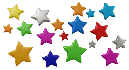 Colorful, glossy, 3D rendered stars of various sizes floating against a white background.