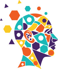 Abstract head design representing knowledge, education, and learning with vibrant geometric shapes