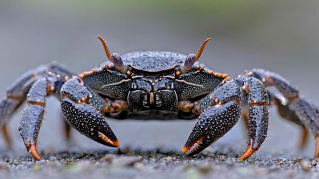 Close-up of a dark-colored crab with intricate details and orange highlights, showcasing its textured shell and walking posture.