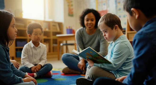 A group of diverse children sitting on a colorful rug in a classroom. A young boy with Down syndrome reads a book while others listen attentively.