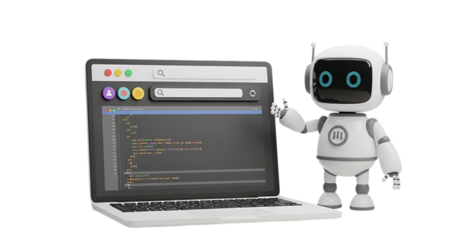 3d self care rituals icons cute robot next to laptop showing code isolated on transparent background - Powered by Adobe