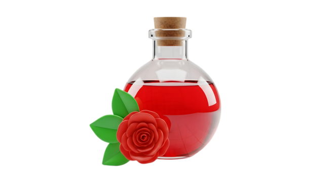 3d self care rituals icons rose essence in a vintage bottle with rose and leaves isolated on transparent background