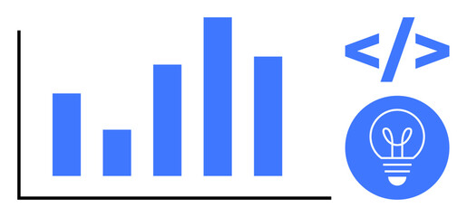 Blue bar chart next to coding brackets and lightbulb icon symbolizing analytics, innovation, coding. Ideal for creativity, problem-solving, growth, statistics, development, programming simple