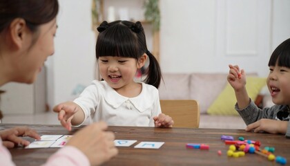 Fototapeta premium A toddler pointing at alphabet cards while a caregiver helps pronounce the letters