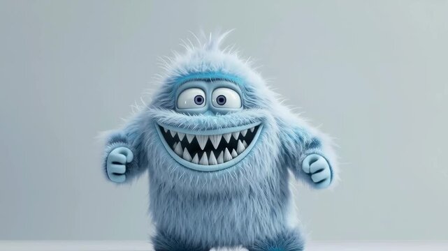 Cute fluffy blue monster with big grin. Fun animated character with sharp teeth and wide smile. Happy creature concept footage.