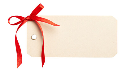 High-quality beige gift tag with an elegant red ribbon, isolated on a transparent background. Provided as a PNG file.