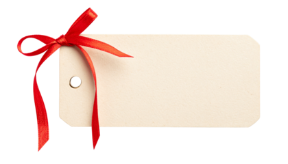 High-quality beige gift tag with an elegant red ribbon, isolated on a transparent background. Provided as a PNG file.