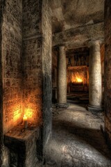 Ancient Stone Corridor With Candlelight And Fire