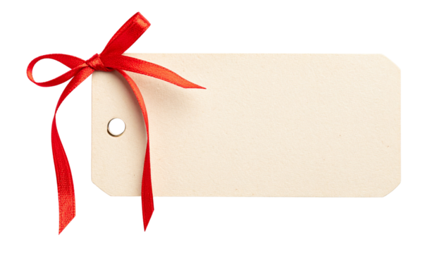 High-quality beige gift tag with an elegant red ribbon, isolated on a transparent background. Provided as a PNG file.