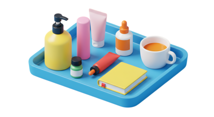 3d self care rituals icons various cosmetic and skincare products on a tray, isolated on transparent background