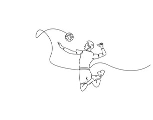 Continuous line drawing of volleyball player spking ball. Single line illustration of volley athlete jumping. International sport concept. Editable outline