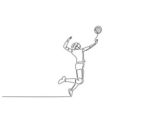 Continuous line drawing of volleyball player spking ball. Single line illustration of volley athlete jumping. International sport concept. Editable outline