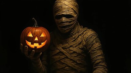 Eerie mummy holding a glowing jack-o'-lantern in a dark, mysterious setting for Halloween night - Powered by Adobe