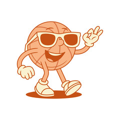 Cool comic basketball ball cartoon character in sunglasses contoured vector flat illustration. Funky stylish team sport game match tournament mascot in summer eyeglasses ok okay alright gesture