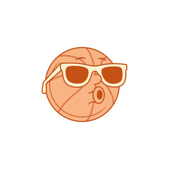 Comic basketball ball cartoon character in sunglasses emoticon contoured vector flat illustration. Funky cute team club sport game victory tournament mascot wearing stylish eyeglasses whistling emoji