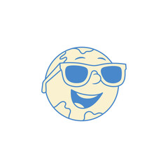 Comic globe Earth planet cartoon character in sunglasses contoured vector flat illustration. Smiling cheerful minimalist global travel map education ecology environment mascot in summer eyeglasses