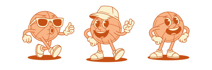 Funny comic basketball ball cartoon character mascot set contoured vector flat illustration. Adorable cute team sport game mascot in sunglasses wearing cap greeting laughing positive emotion © provectors