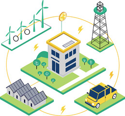 Vector art of isometric illustration of smart city with renewable energy