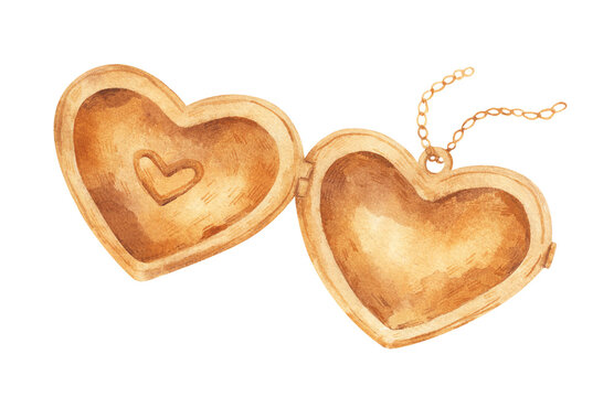 Golden heart shaped necklace. Hand-drawn openable frame pendant with chain. Watercolor illustration isolated on white background.