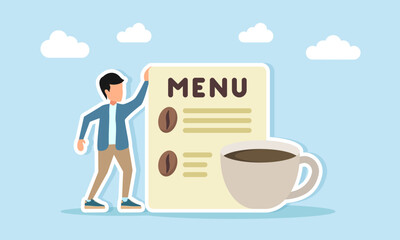 man standing beside a cup of coffee and coffee menu book illustration for coffee day or coffee festival celebration
