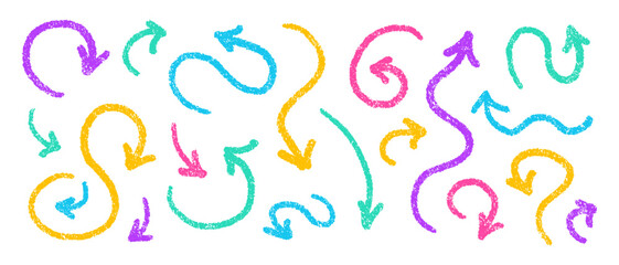 Various charcoal arrows set. Hand drawn brush sketch line, crayon pastel pencil chalk. Vector doodle colorful symbols. Scratched curved strokes and waves