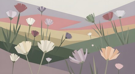 Serene geometric floral landscape with soft pastel sunset hues and gentle breeze