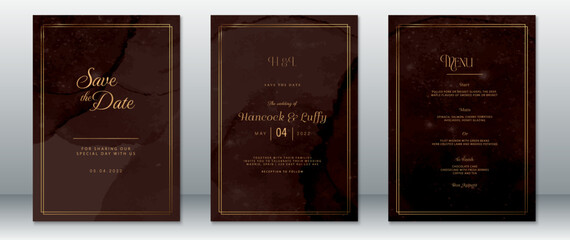 Luxury wedding invitation template set in dark chocolate brown with gold frame accents. Includes Save the Date, invitation, and dinner menu design with elegant typography.