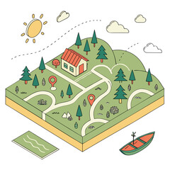 Vector art of isometric map illustration of outdoor scene with house, road, and river