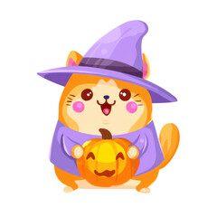 Cute kitten in halloween costume holds pumpkin, celebrating Halloween transparent background