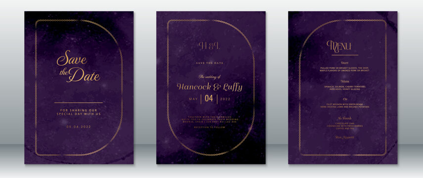 Stylish wedding card set featuring deep purple background and gold decorative frame. Includes save the date, ceremony info, and menu layout. Ideal for formal wedding themes and digital invitation.