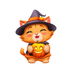 Cute kitten in halloween costume holds pumpkin, celebrating Halloween transparent background