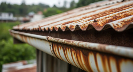 Close-up perspective of rusted corrugated metal roof and gutter in an outdoor environment