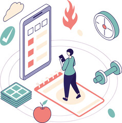 Vector art of isometric illustration of a woman planning her fitness and health routine
