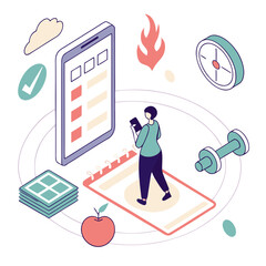 Vector art of isometric illustration of a woman planning her fitness and health routine