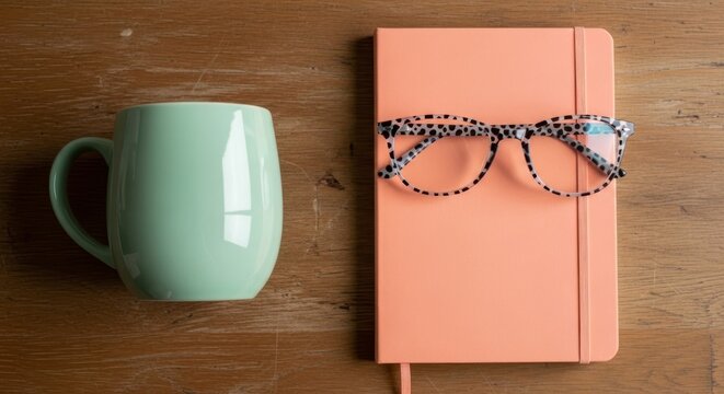 A Moment of Calm - Mint Green Mug, Pink Journal, and Spotted Eyeglasses on a Wooden Desk.