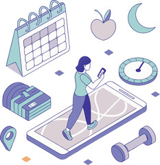 Vector art of isometric illustration of a woman planning her fitness and health routine