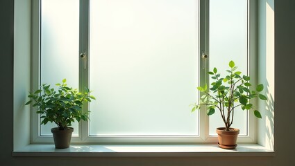 Two potted plants sit on a windowsill, bathed in sunlight, illuminating the frosted windowpane.
