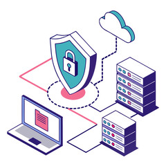 Vector art of isometric illustration of secure cloud network and data protection