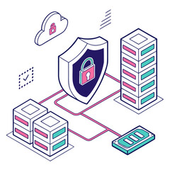 Vector art of isometric illustration of data security with cloud and server protection
