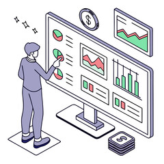 Vector art of isometric illustration of business growth with charts, arrows, and money