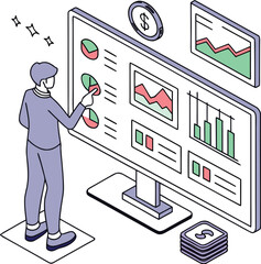 Vector art of isometric illustration of business growth with charts, arrows, and money