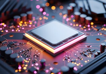 Close up of a modern computer processor on a glowing circuit board with bokeh lights