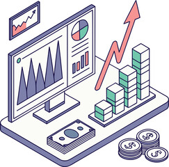 Vector art of isometric illustration of online business growth with charts, arrows, and money