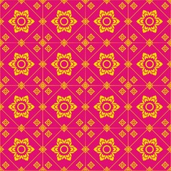 Thai Pattern Design: An ornate seamless Thai pattern design with repeated floral and geometric motifs in a vibrant color palette, showcasing cultural heritage and decorative artistry.