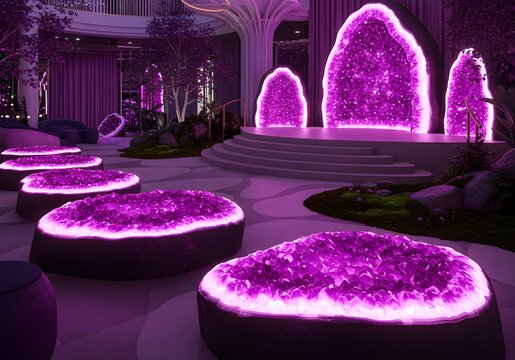 Enchanting purple crystal formations illuminate a mystical garden at night
